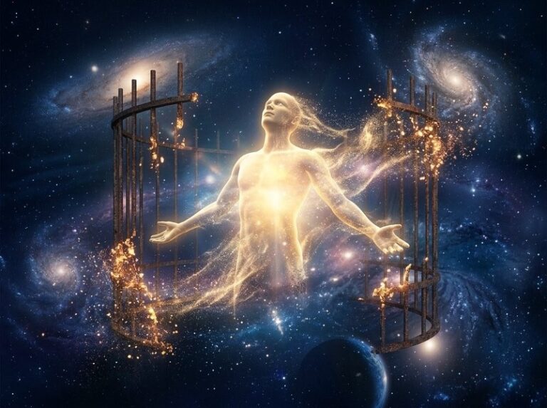 Human figure dissolving into light as witness cage breaks apart representing collapse into non-dual awareness