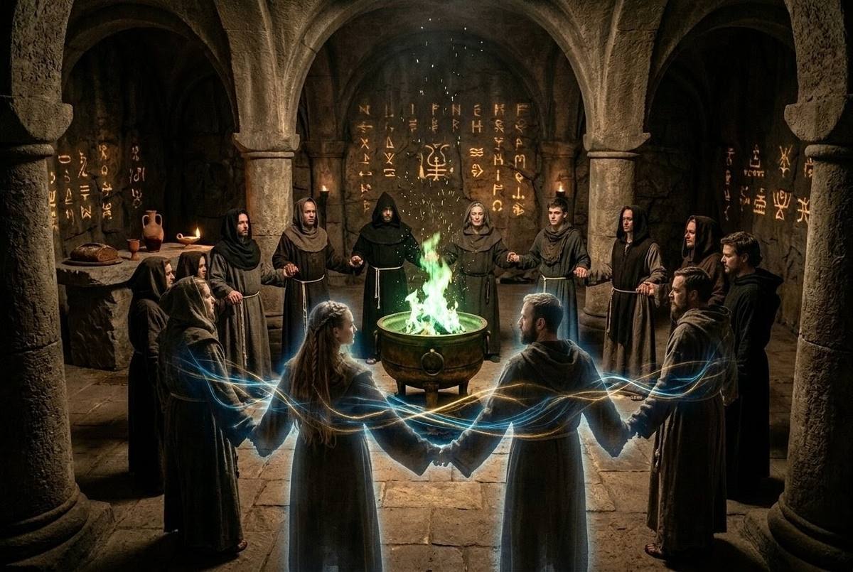 Circle of robed practitioners performing ancient ritual with central flame