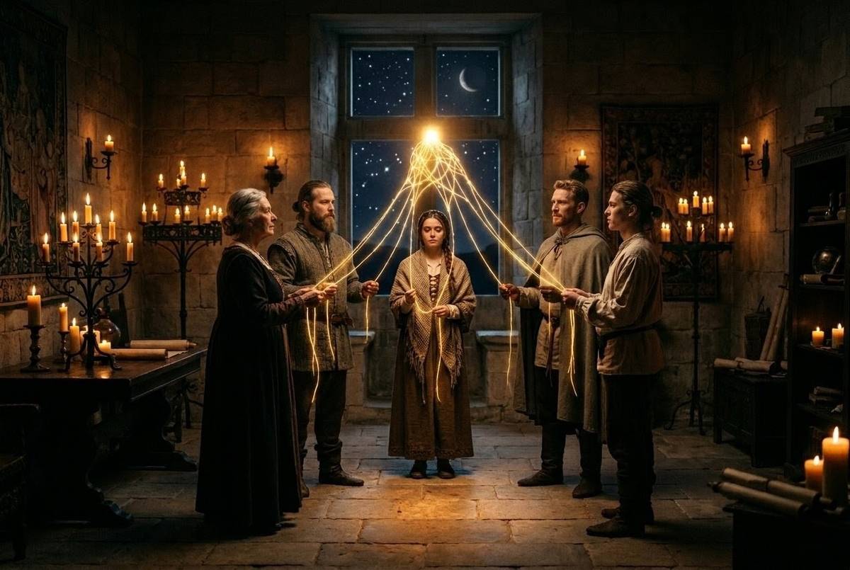 Circle of figures holding golden thread connecting earth to starry heavens