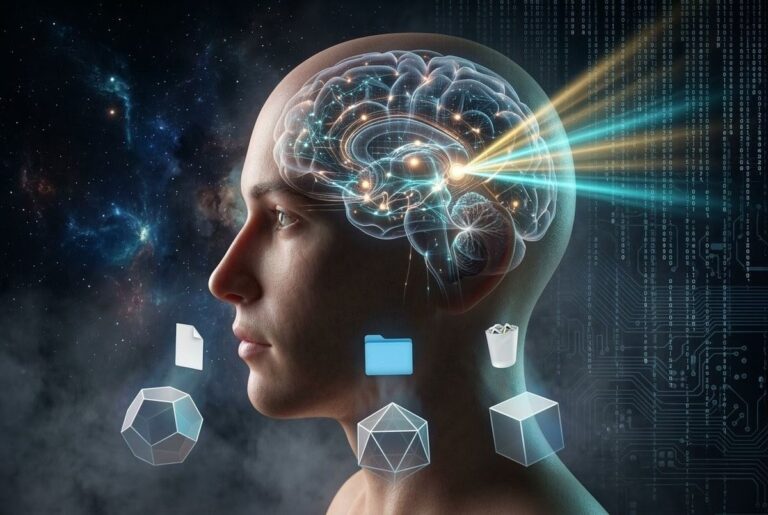 Human profile showing brain interface with desktop icons transforming into geometric solids, representing consciousness as user interface