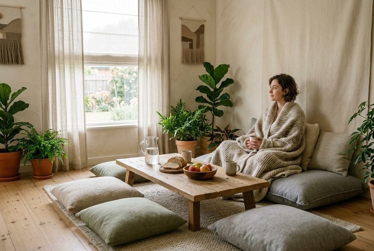 Softly lit safe room with minimalist design, cushions, and gentle natural light representing containment