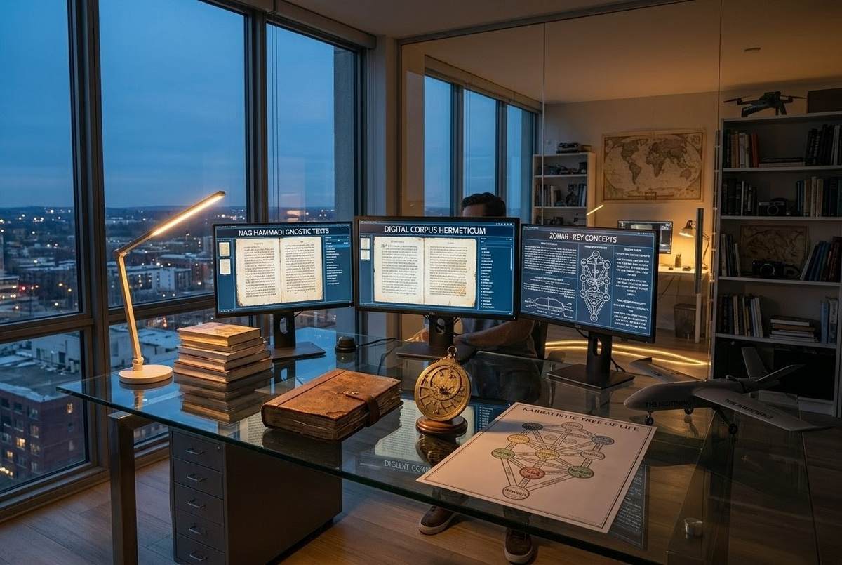Modern minimalist study with digital scans of Nag Hammadi and ancient artefacts