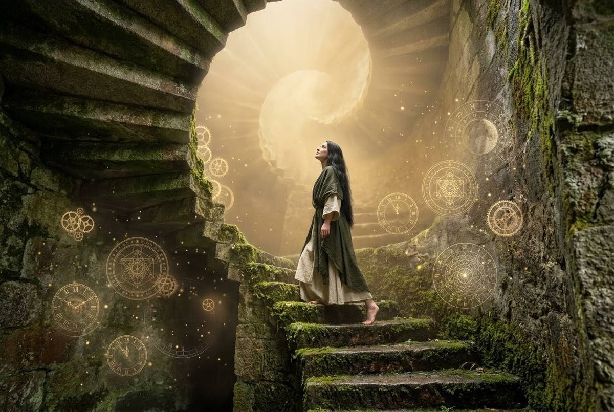 Spiral stone staircase ascending into golden mist with floating geometric calendars and clocks