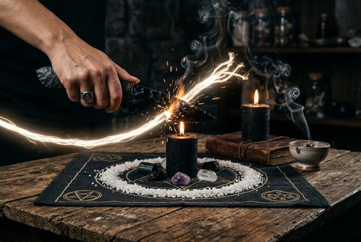 Ritual setting with obsidian blade, salt circle, and candle flame severing luminous cords