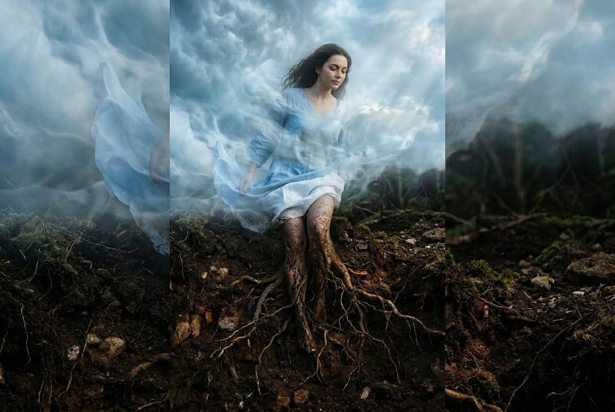 Figure descending from clouds into body with roots growing into earth