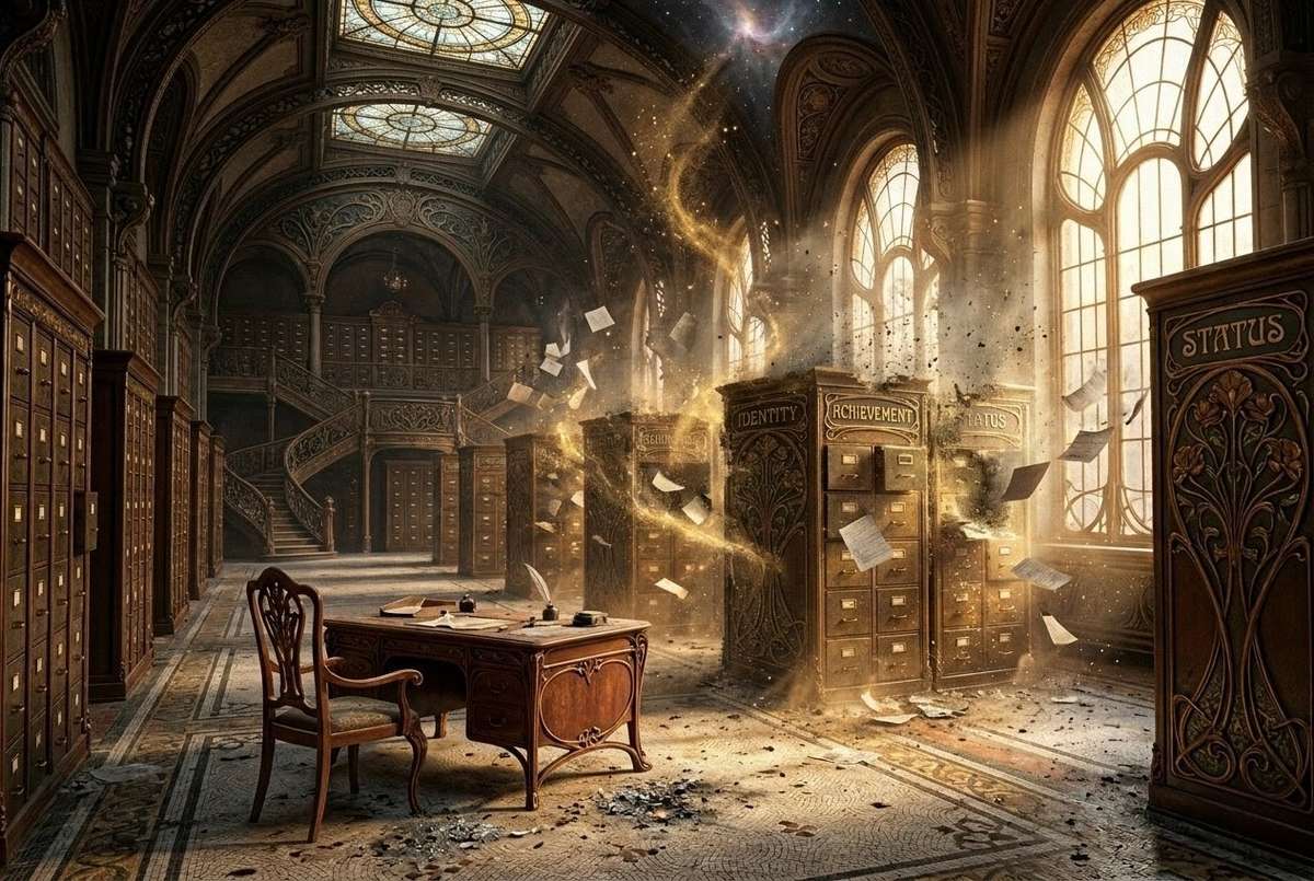 Cosmic bureaucracy office with files dissolving into light