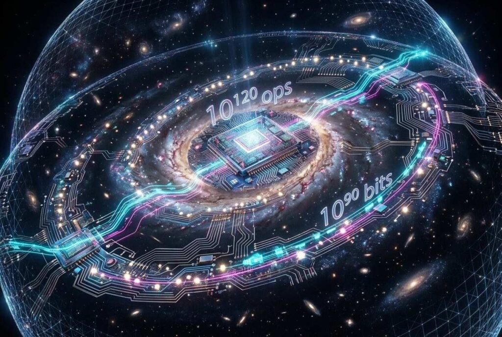 Spiral galaxy transformed into crystalline quantum computer motherboard with stellar circuit pathways and data streams