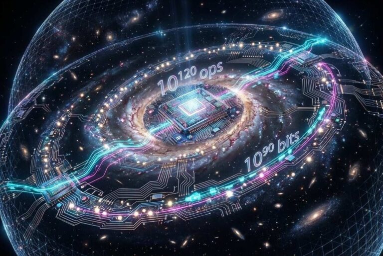 Spiral galaxy transformed into crystalline quantum computer motherboard with stellar circuit pathways and data streams