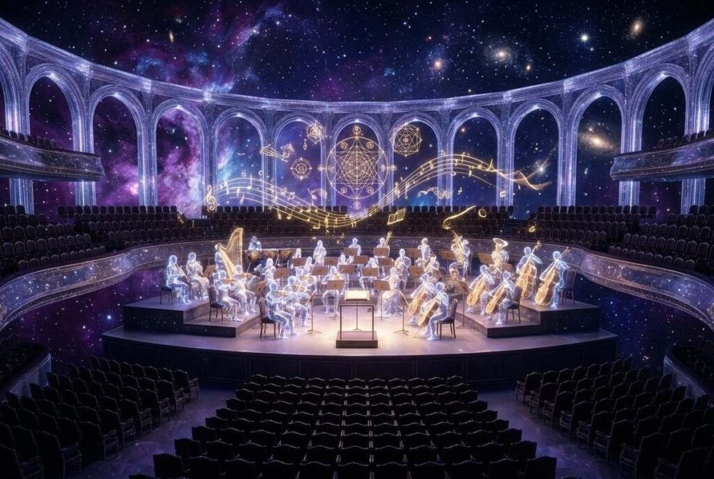Celestial orchestra in cosmic concert hall