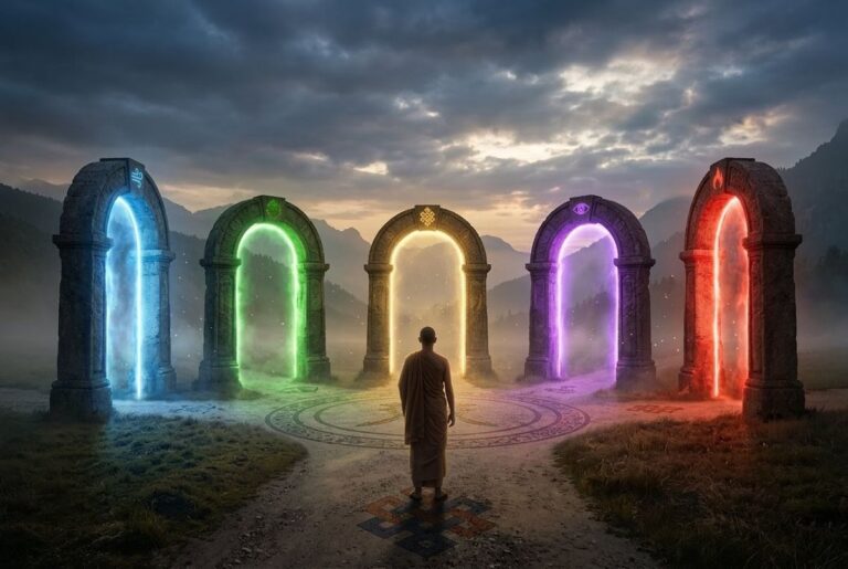 Contemplative figure at crossroads before five glowing gateway arches representing different meditation techniques