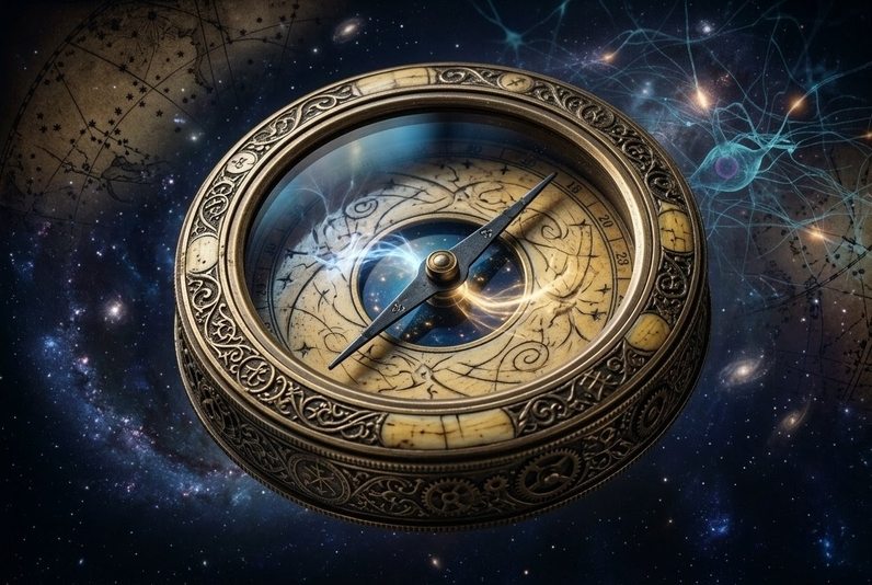 Ancient brass compass floating in cosmic void between pathology and passage poles