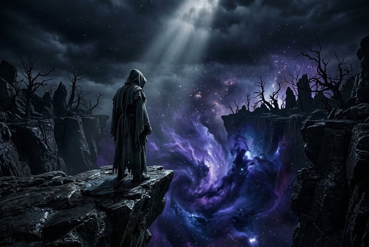 Hooded figure standing at edge of vast chasm with swirling nebula clouds below