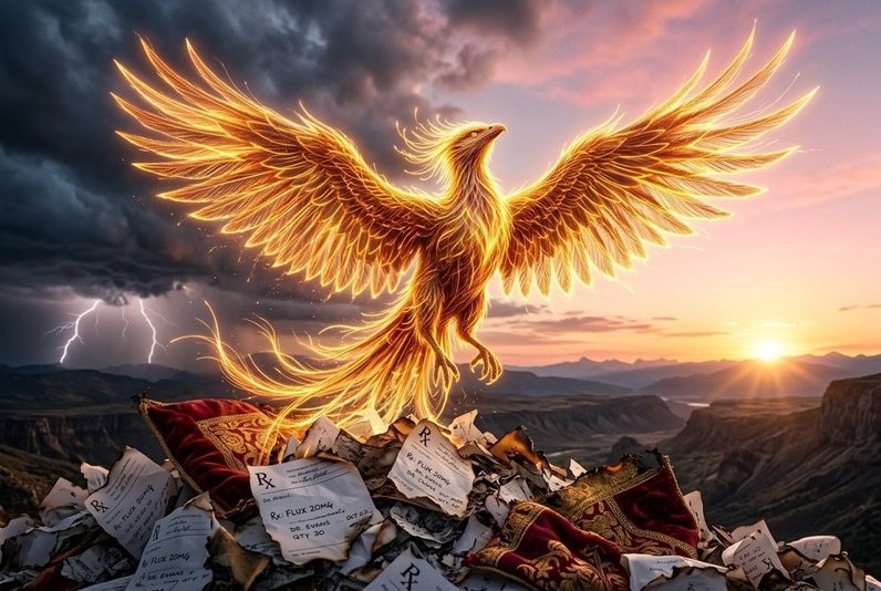 Phoenix rising from ashes composed of medical prescriptions and meditation cushions