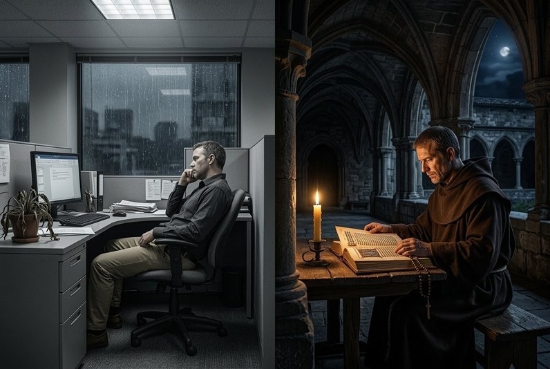 Split composition showing sterile modern office versus mystical medieval cloister