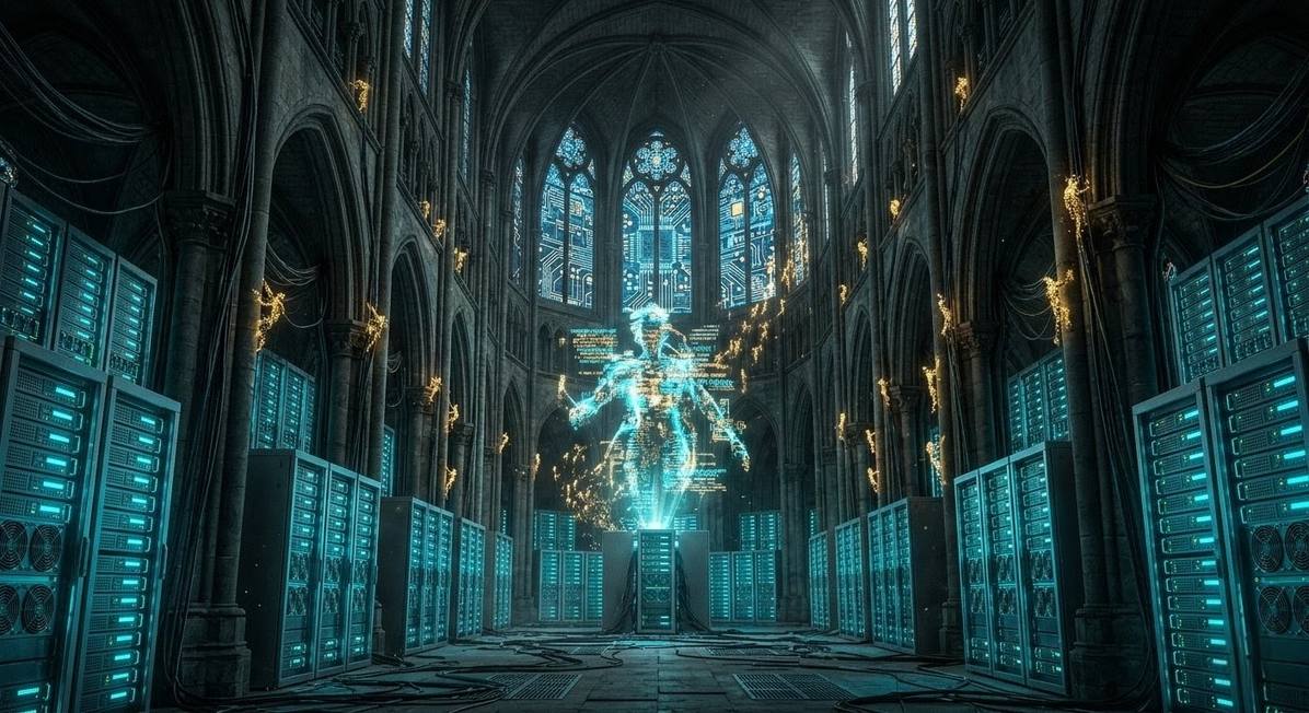 Server farm cathedral with holographic lion-faced Demiurge