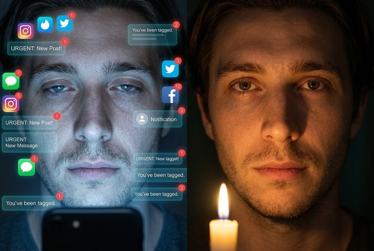 Split screen showing same person under harsh phone light vs. warm candlelight presence