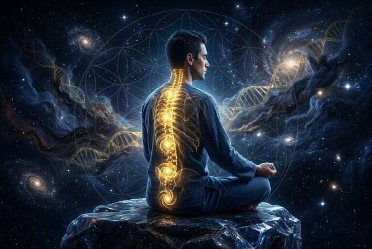 Meditating figure with visible chakra system and cosmic background showing body-universe correspondence