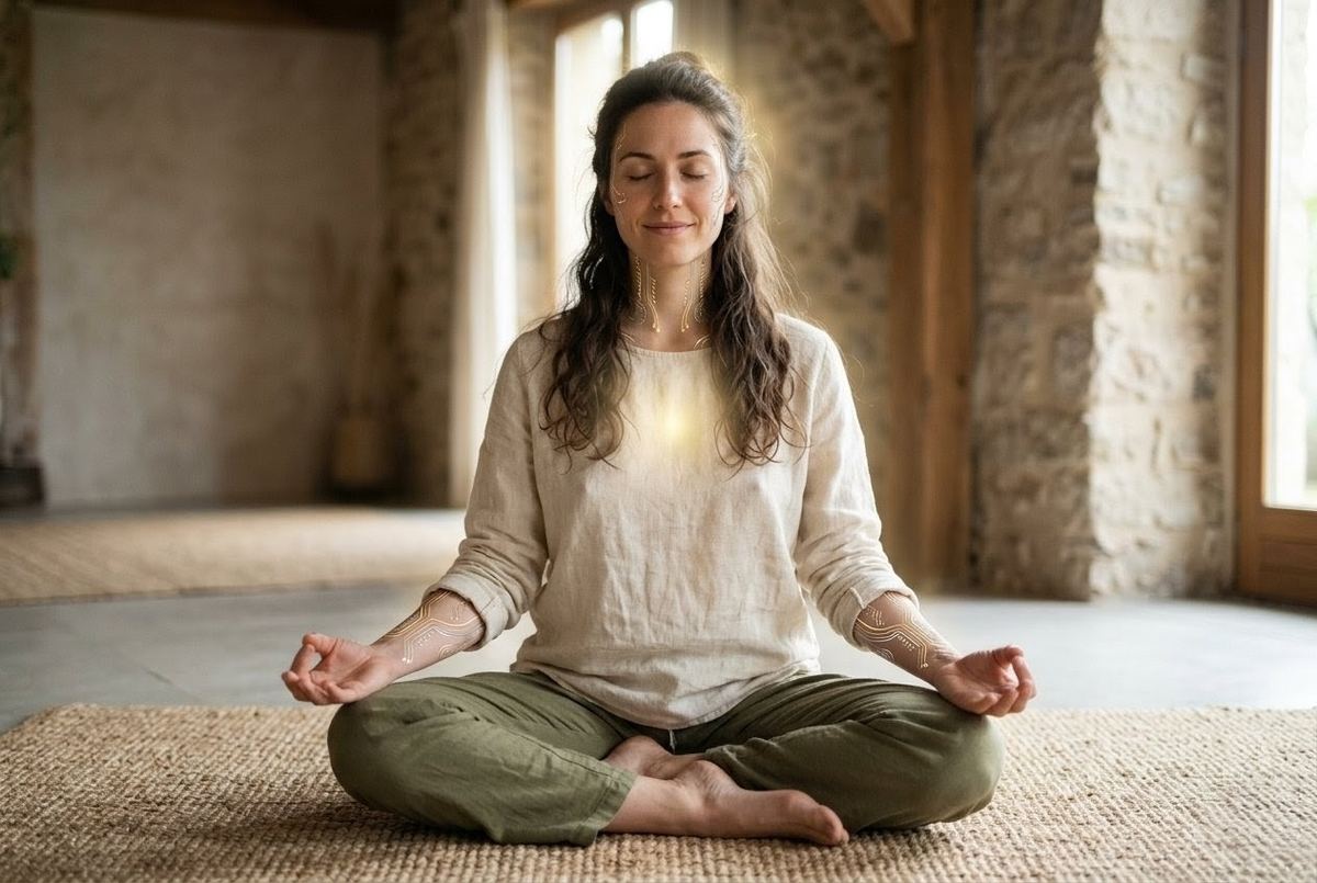 Human figure integrated with AI circuitry maintaining spiritual sovereignty