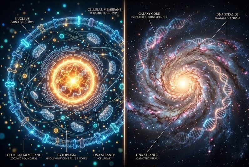 Microscopic view of cell nucleus and DNA mirroring spiral galaxy structure