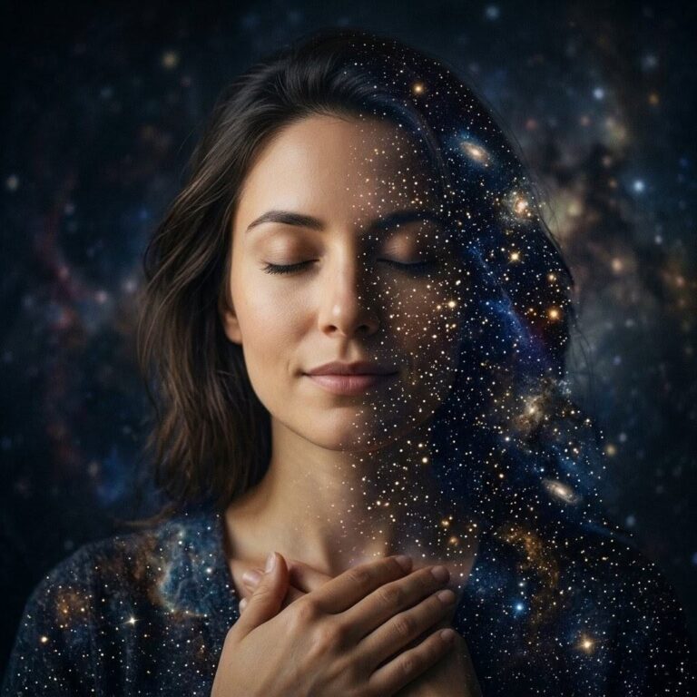 Face merged with cosmic starfield representing luminous darkness