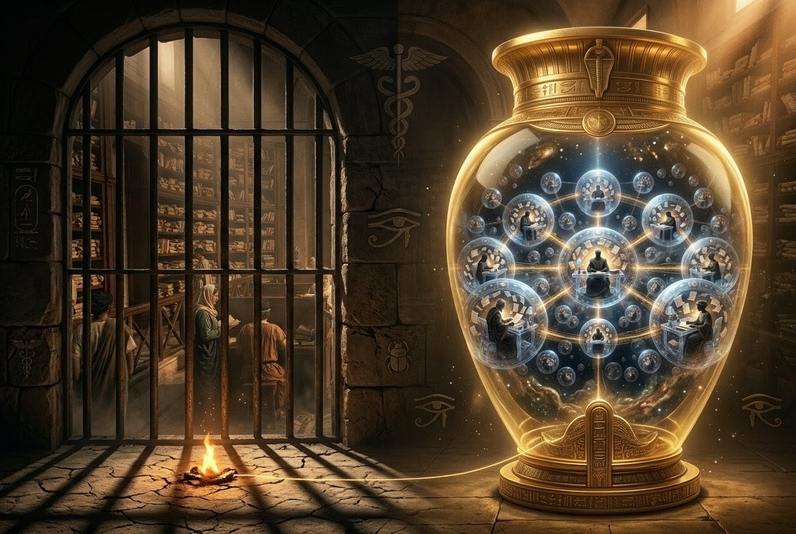 Split composition showing dark prison bars on one side and luminous vessel on the other