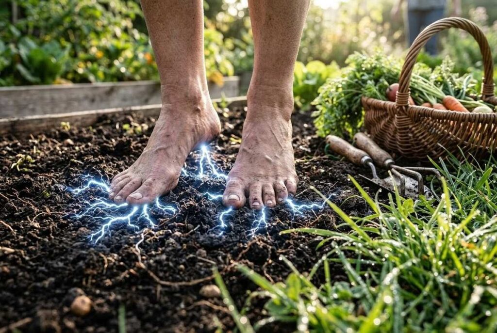 Bare feet on dark soil with visible electrical discharge or bio-luminescent energy transfer