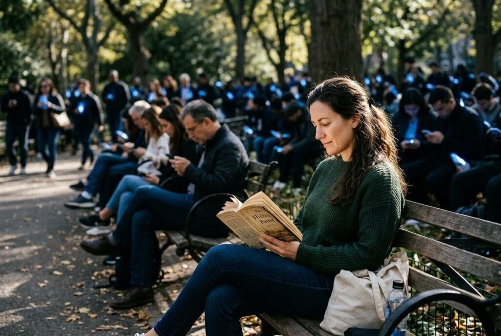 Person reading physical book on bench while others stare at phone screens