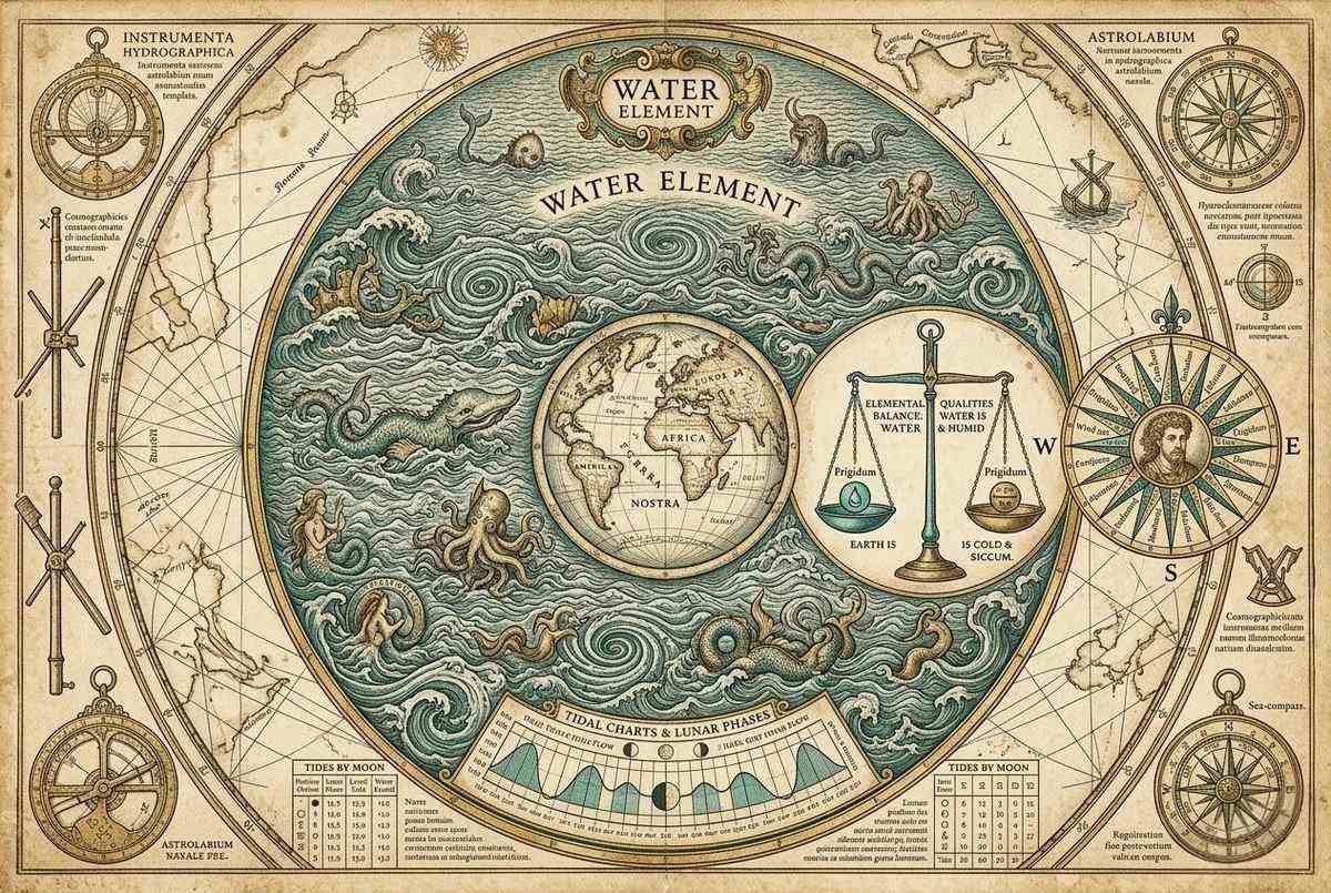 Renaissance cosmographical diagram showing earth and water elements, antique balance scales, navigational charts