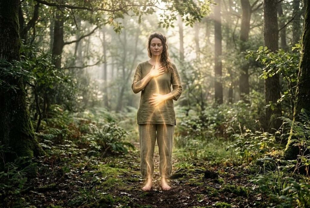 Human figure grounded with visible energy circulation
