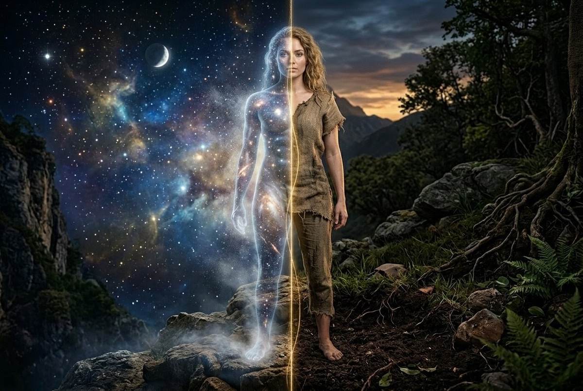 Human figure with one half ethereal and dissociated, other half grounded and muscular, standing on earth