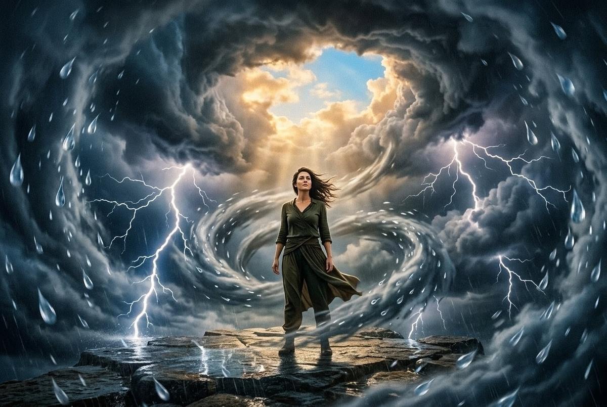 Figure standing in storm of emotions with light breaking through