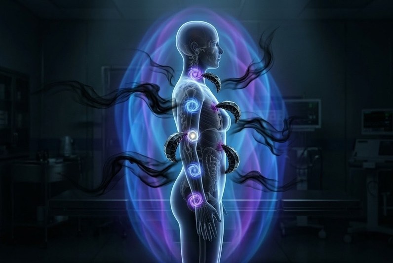 Human silhouette with visible auric field being penetrated by shadow tendrils