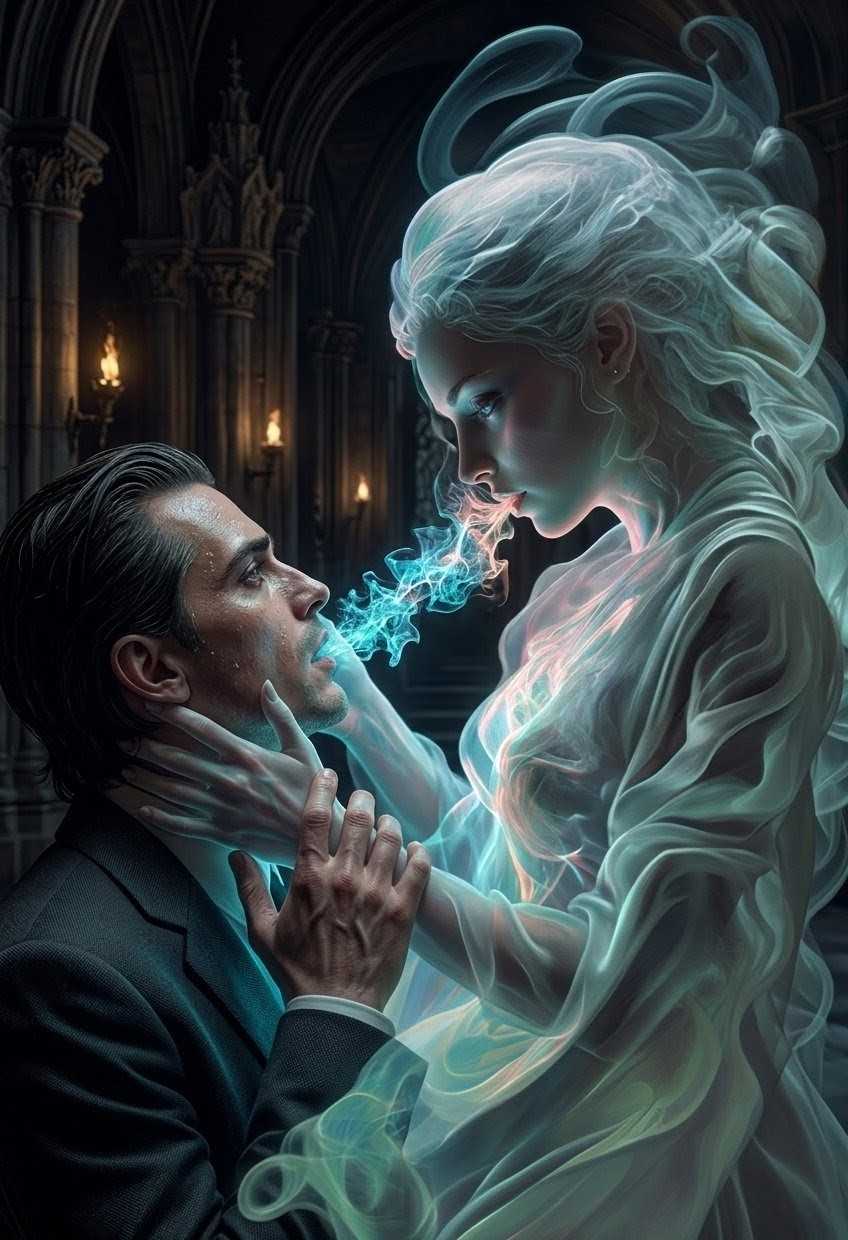 Illustration of succubus extracting blue energy from male victim