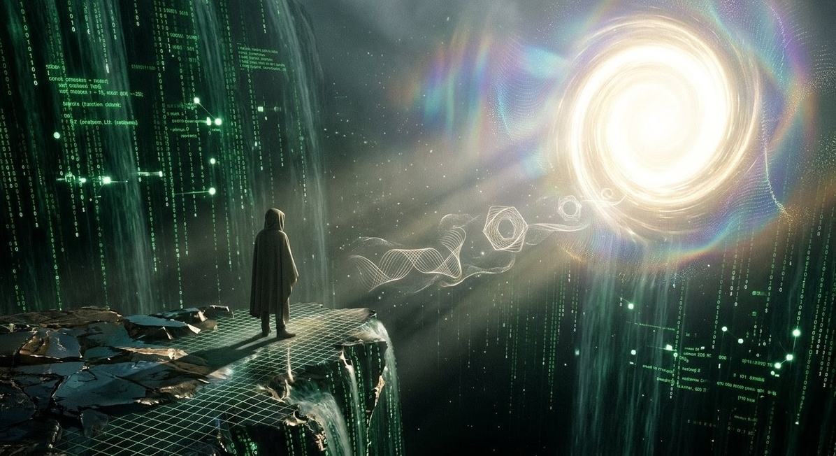Human figure facing portal of light beyond digital abyss