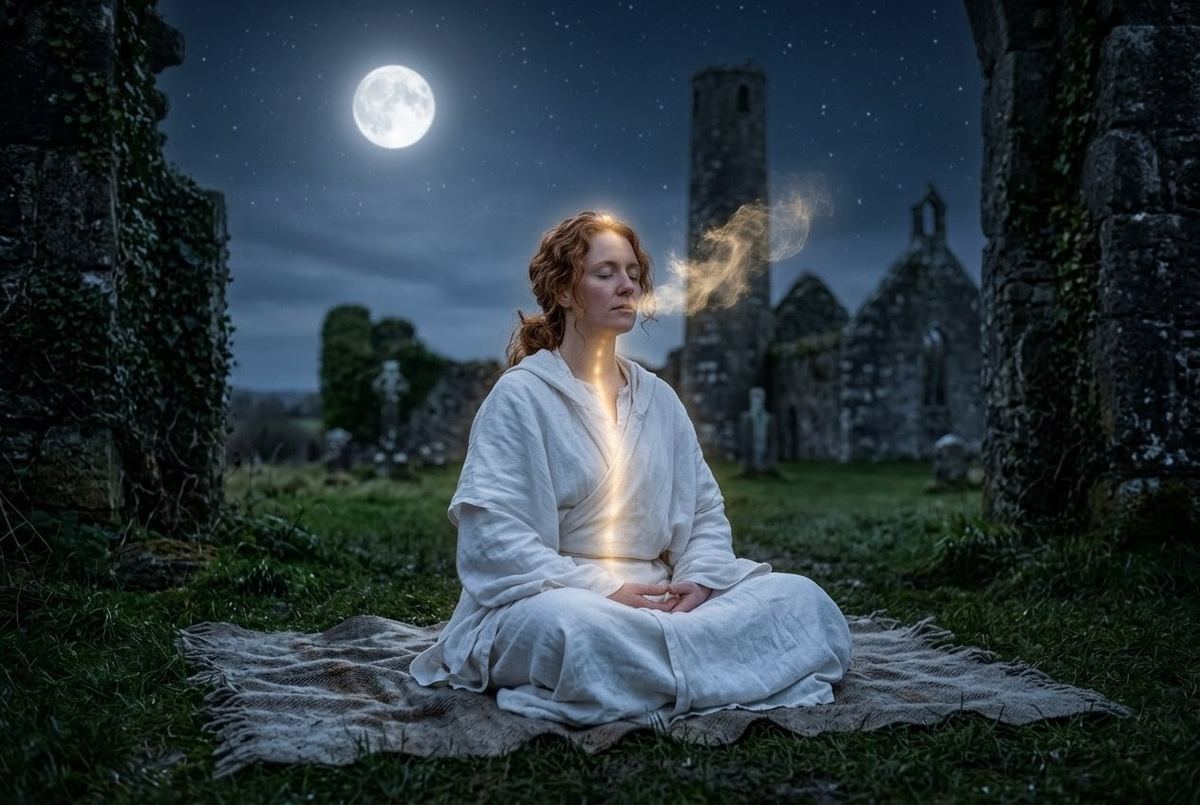 Photorealistic image of practitioner in moonlight with subtle golden energy rising from spine