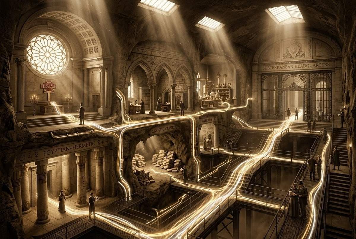 Victorian underground archive with glowing Living Thread streams connecting five departmental chambers