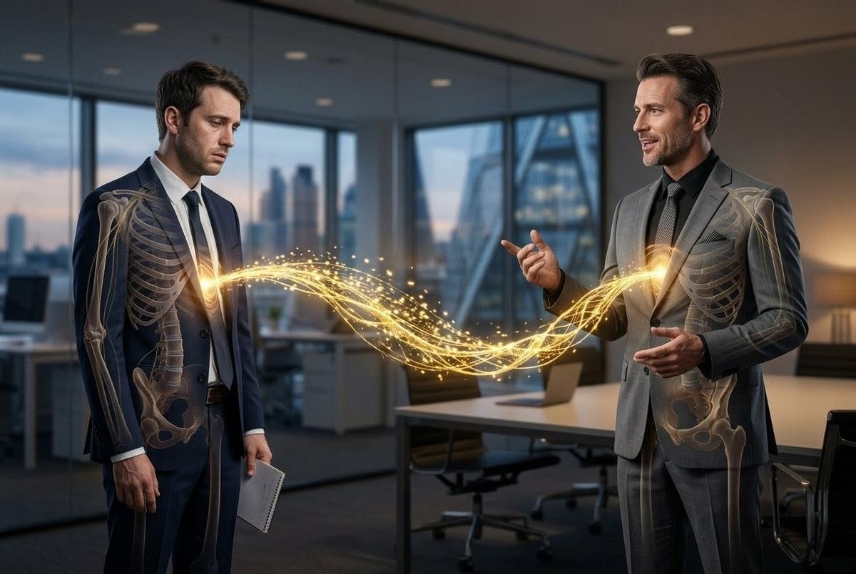 Semi-transparent luminous cord connecting two figures, with golden light flowing from one to the other