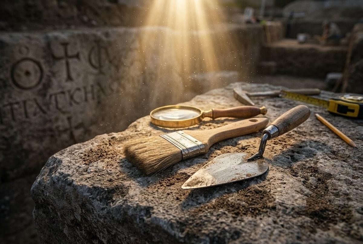 Archaeologist's tools laid out on ancient stone with golden light illuminating brush and trowel