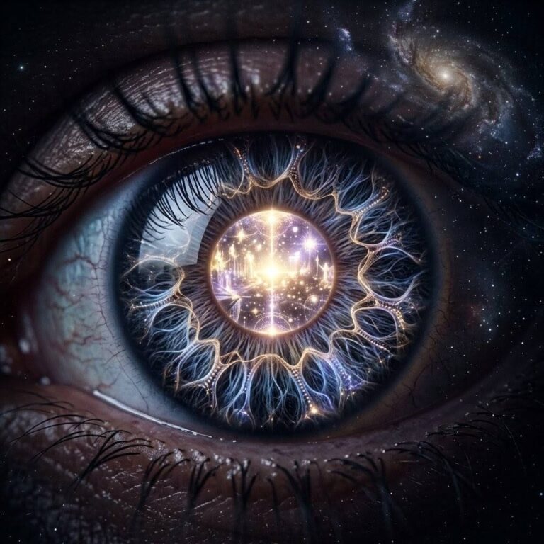 Human eye with divine light reflection showing quantum gateway