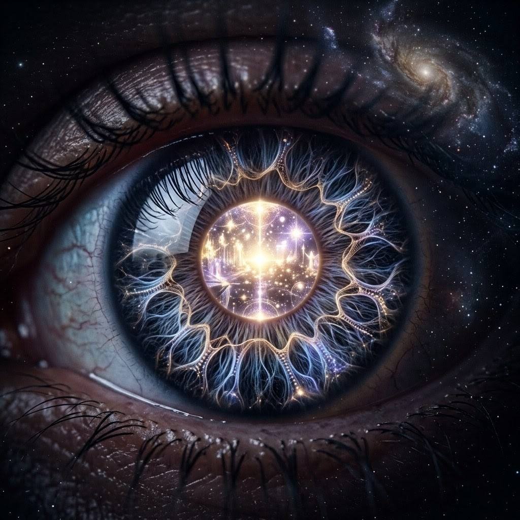 Human eye with divine light reflection showing quantum gateway