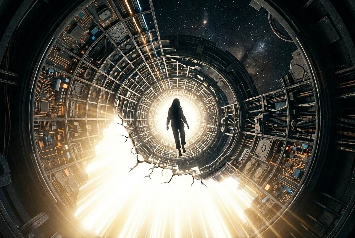 False light tunnel revealing mechanical grid structure behind light