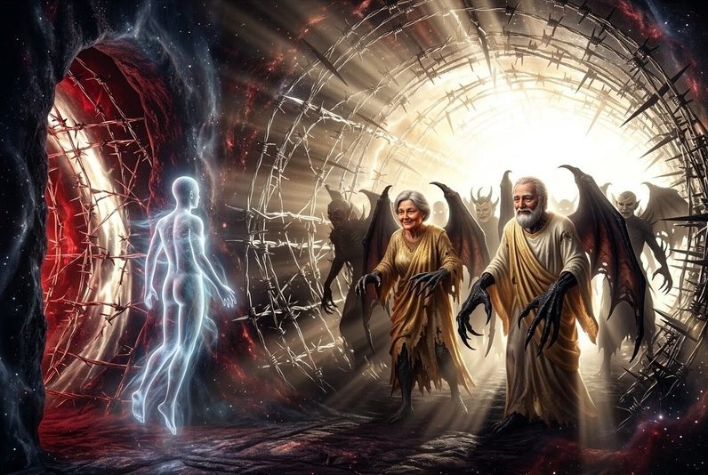 Deceptive tunnel of light with predatory entities wearing masks of loved ones