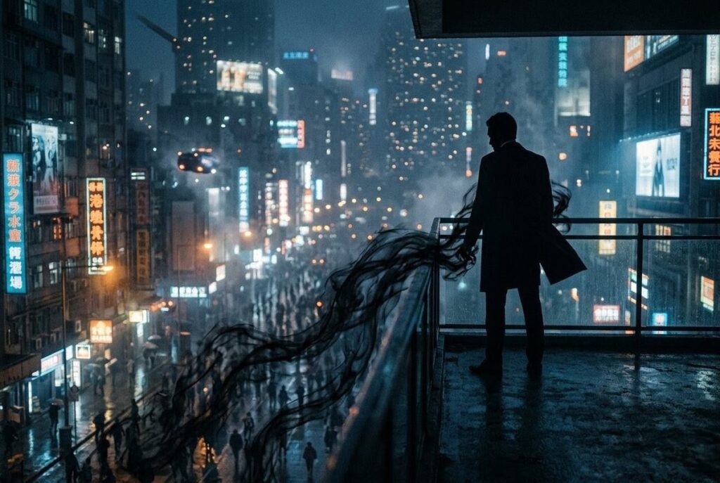 Shadowy figure connected to city below by dark tendrils