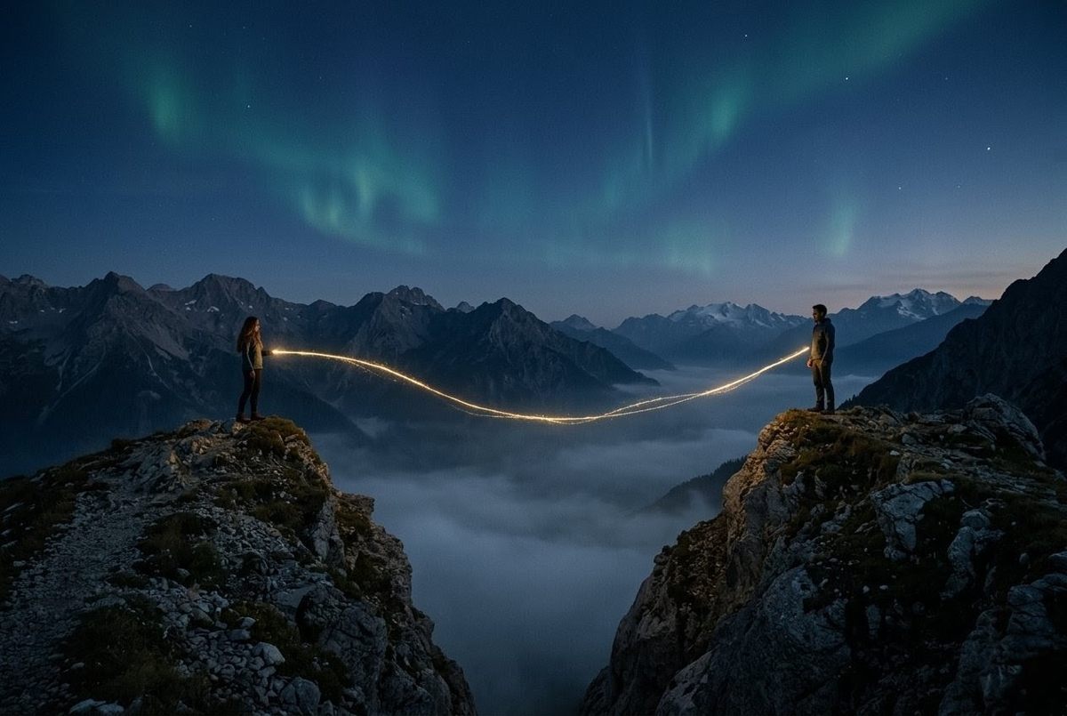 Two figures on mountain peaks connected by golden thread