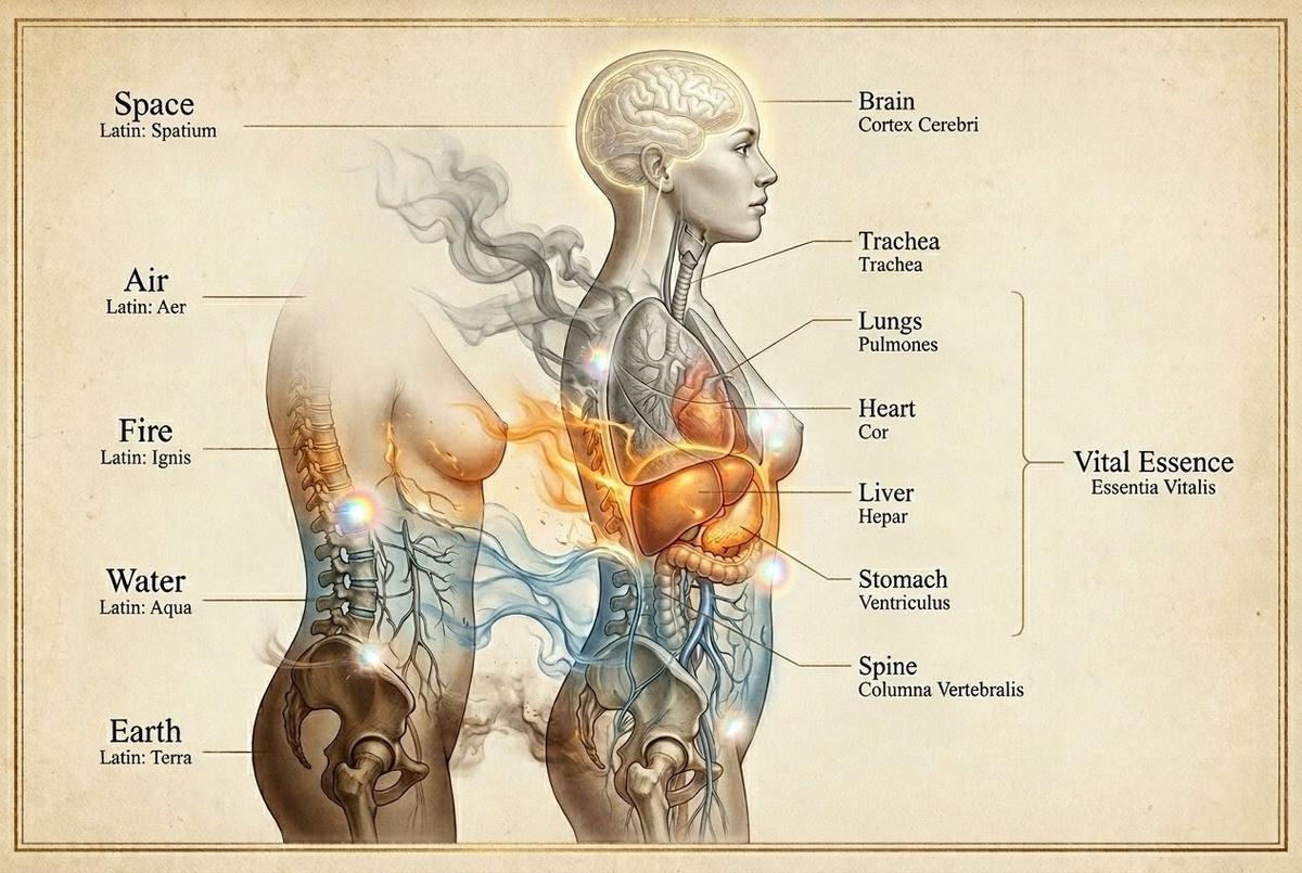 Anatomical cross-section showing human body with five elemental layers dissolving into one another from bottom to top