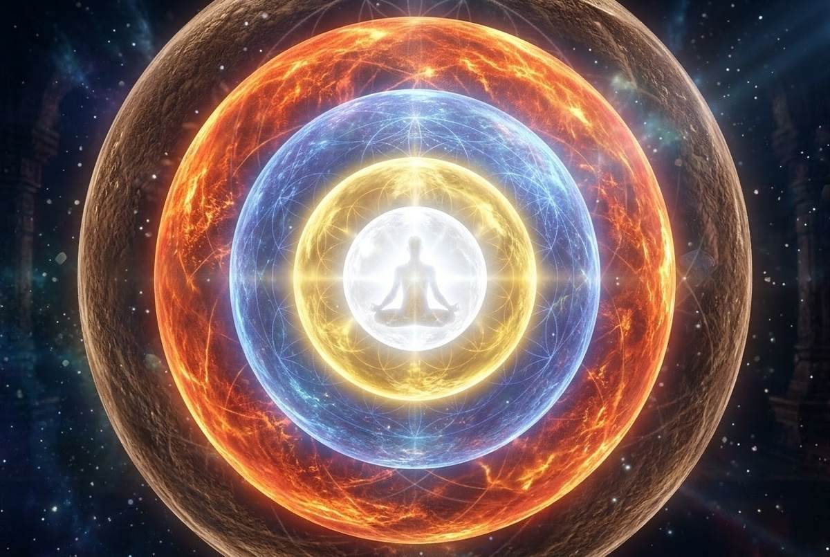 Five nested luminous spheres representing the koshas
