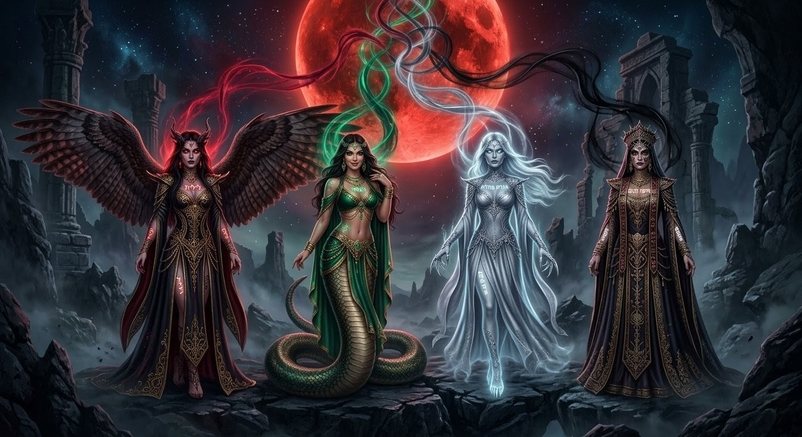 Four demonic queens from Kabbalistic demonology standing in ethereal darkness