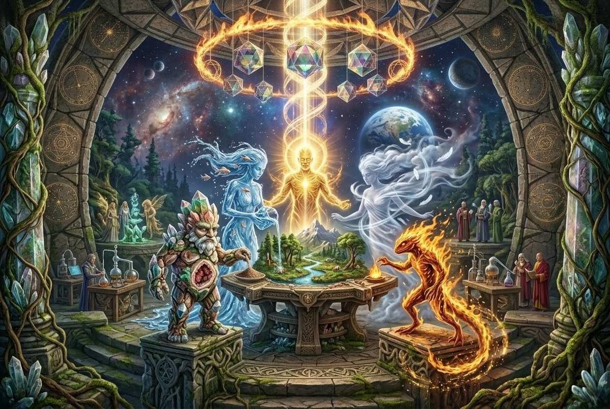 Four elemental beings - crystal gnome, water undine, air sylph, and fire salamander - gathered around alchemical table