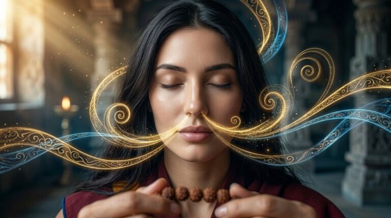 Ultra realistic meditating figure with visible golden prana energy flowing from breath in ancient stone temple, representing pranayama and life force activation
