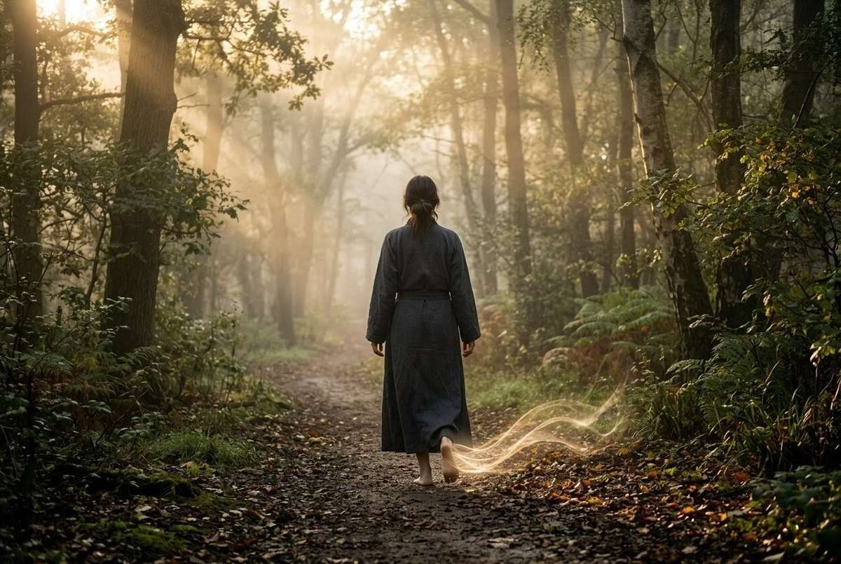 Solitary figure practicing walking meditation on misty forest path
